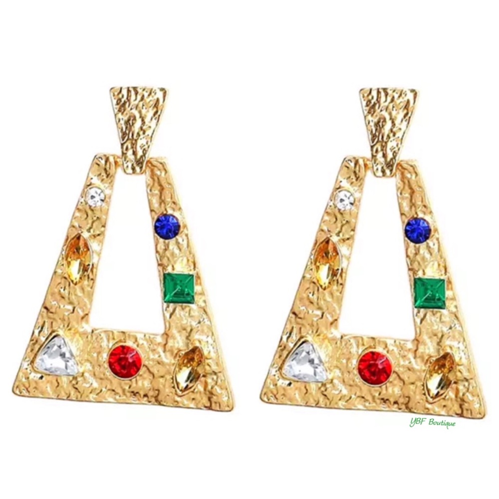 New Gold Red Blue Multicolor Rhinestone Textured Post Statement Earrings - Picture 3 of 5